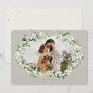 Carte De Remerciements Photo Mariage Greige/Crème Snowberry+Eucalyptus