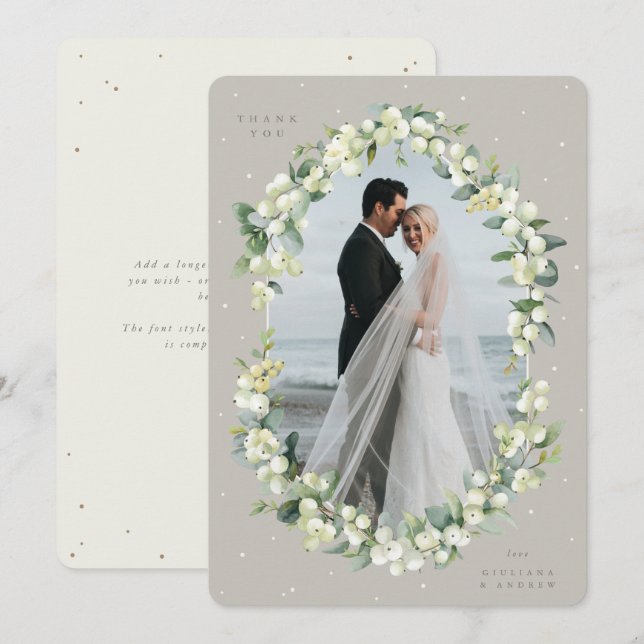 Carte De Remerciements Photo Mariage Greige/Crème Snowberry+Eucalyptus (Devant / Derrière)