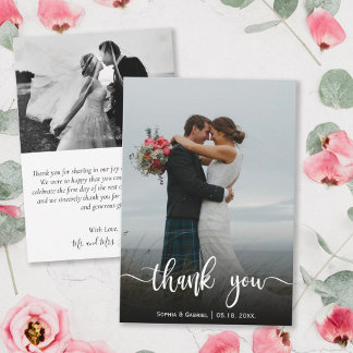 Carte de remerciements photo Mariage lettres main 