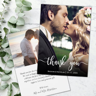 Carte de remerciements photo Mariage lettres main 