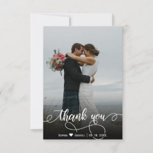 Carte de remerciements photo Mariage lettres main 