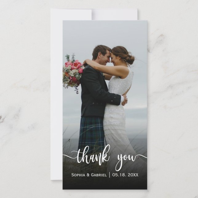 Carte de remerciements photo Mariage lettres main  (Devant)