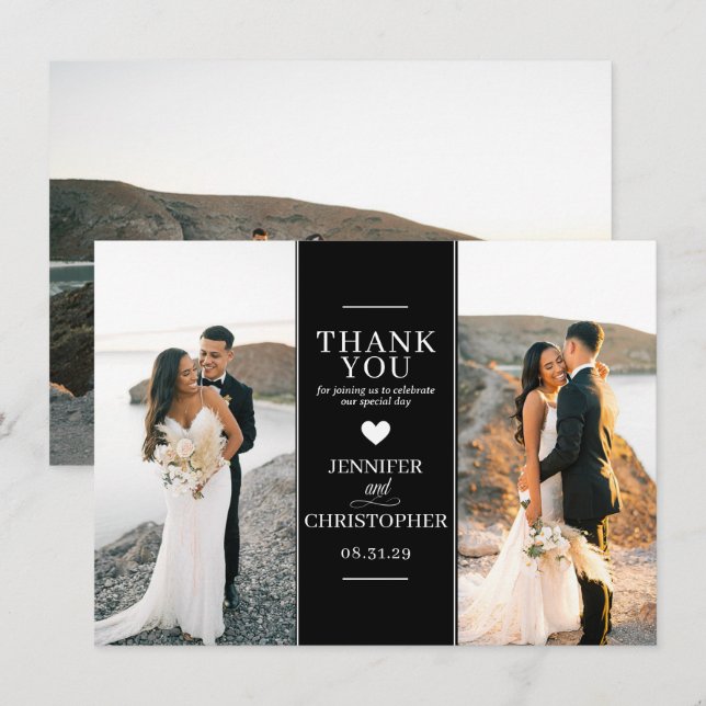 Carte De Remerciements Photo Mariage noir simple (Devant / Derrière)