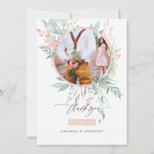 Carte De Remerciements Photo Mariage Pastel Blush rose et vert (Devant)
