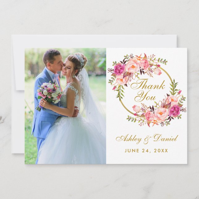 Carte de remerciements photo Mariage rose de couro (Devant)