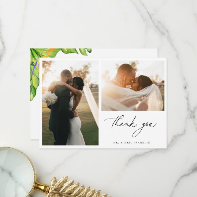Carte de remerciements photo Mariage tropical (Devant/Arrière en situation)