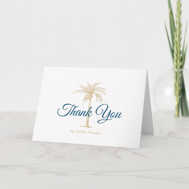 Carte De Remerciements Photo Mariage Tropical Blue White Gold Palm Tree (Devant)