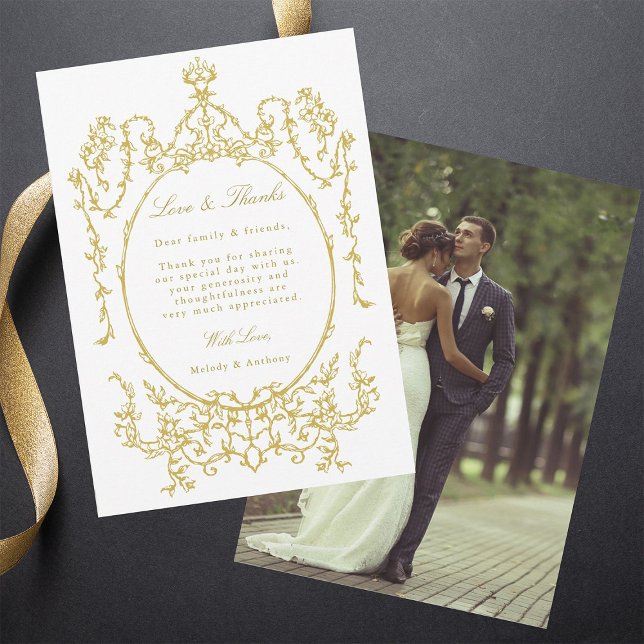 Carte De Remerciements Photo Mariage Vintage Gold (Front & Back)