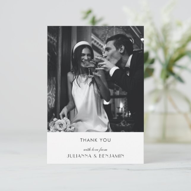 Carte De Remerciements Photo minimaliste de Mariage noir blanc Art déco (Debout devant)