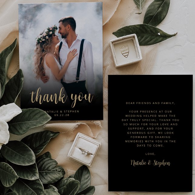 Carte De Remerciements Photo moderne Black Gold Script Simple Mariage (Créateur téléchargé)