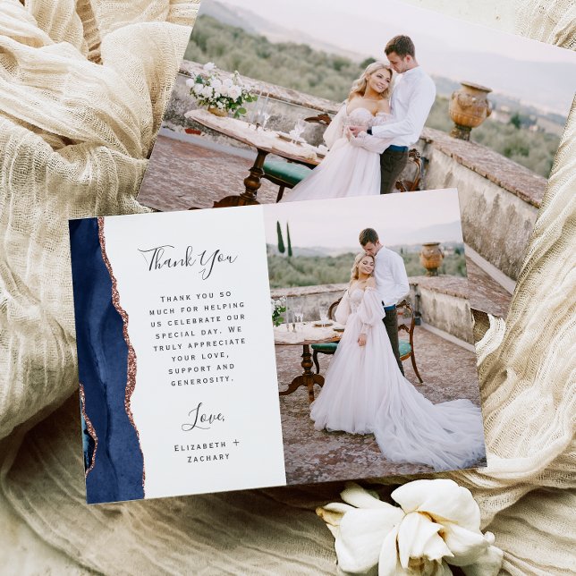 Carte De Remerciements Photo Navy Blue Rose Gold Agate Script Wedding (Créateur téléchargé)
