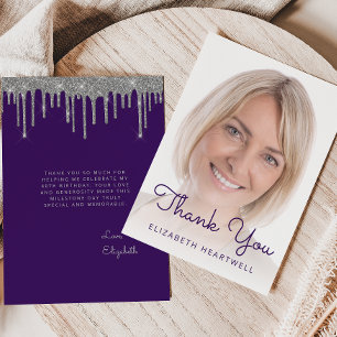 Carte De Remerciements Photo Pailleté Argent Violet Goutte 40e Anniversai