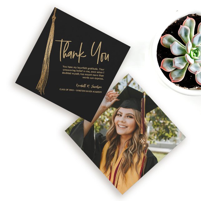 Carte De Remerciements Photo personnalisée Black Gold Tassel Graduation u (Unique, creative Black gold tassel graduation photo thank you card.)
