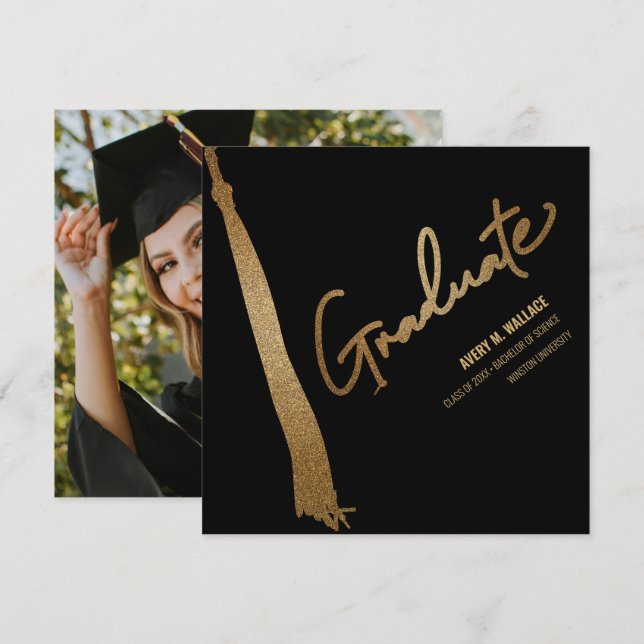 Carte De Remerciements Photo personnalisée Black Gold Tassel Graduation u (Devant / Derrière)