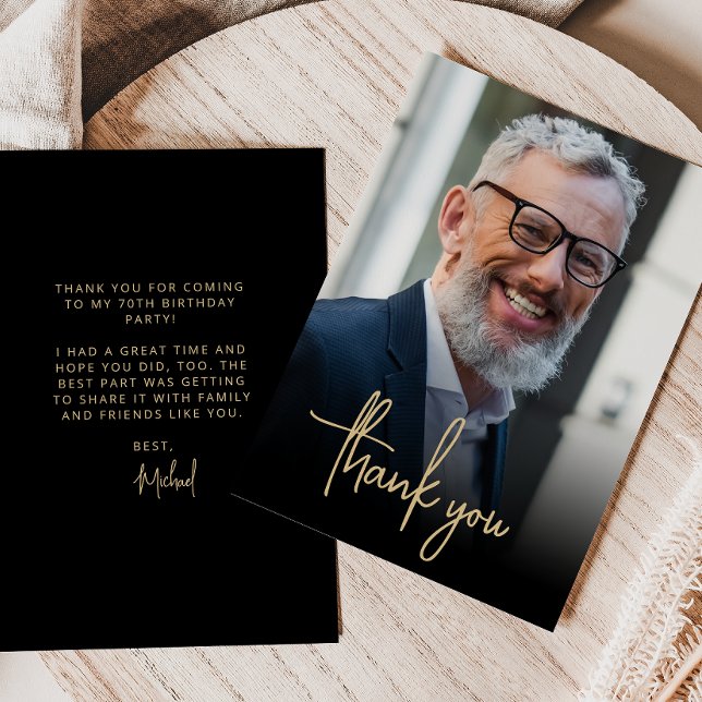 Carte De Remerciements Photo personnalisée Gold Script 70e fête d'anniver (Créateur téléchargé)