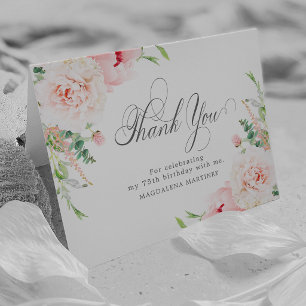 Carte De Remerciements Photo pliée florale rose pastel pour 75e anniversa
