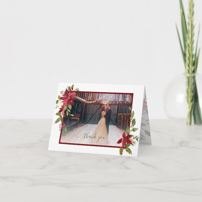 Carte De Remerciements Photo Poinsettia Mariage de Noël (Devant)