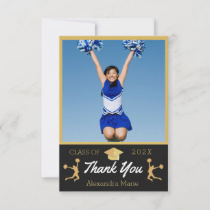 Carte De Remerciements Photo Pom-pom girl Black Gold White graduation
