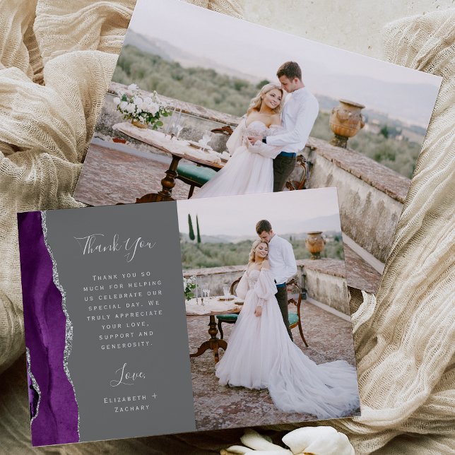 Carte De Remerciements Photo Purple Agate Argent Gris Script Mariage (Créateur téléchargé)