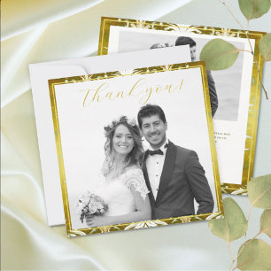 Carte De Remerciements Photo Retro Gold Green Mariage damassé