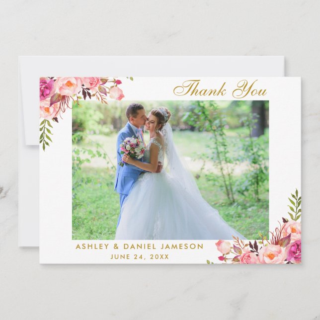 Carte de remerciements photo rose Floral Gold Mari (Devant)