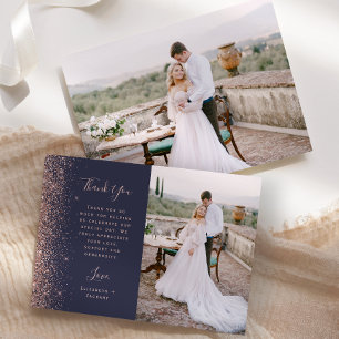 Carte De Remerciements Photo Rose Gold Pailleté Mariage Écriture Bleu Fon