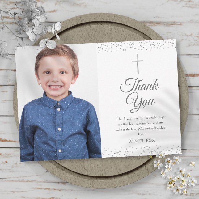 Carte De Remerciements Photo Silver Stardust First Holy Communion (Créateur téléchargé)