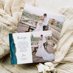 Carte De Remerciements Photo Turquoise Blue Agate Gold Script Mariage