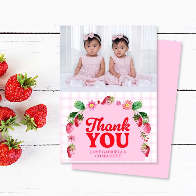 Carte De Remerciements Photo Twins Joint Berry Premier Anniversaire Frais (Twins Joint Berry First Birthday Strawberry Photo Thank You Card)