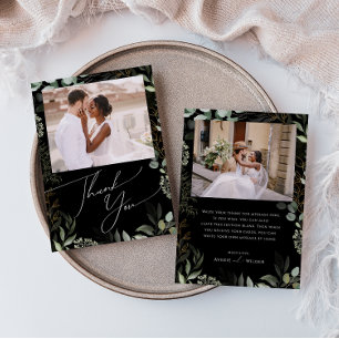 Carte De Remerciements Photo Whimsical Green Black and Gold Flat