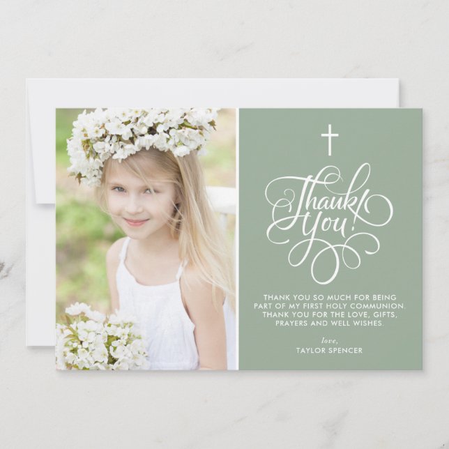 Carte De Remerciements Photo Whimsical Sage Green First Holy Communion (Devant)