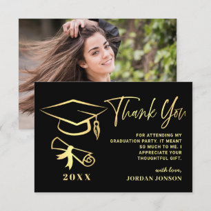 Carte De Remerciements Photographie Gold Black Modern Graduation