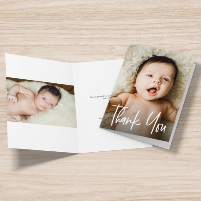 Carte De Remerciements Photos de Baby shower personnalisées de script mod (Baby shower thank you 2 photos Folded card.)