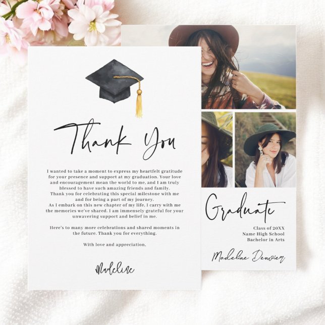 Carte De Remerciements Photos de graduation élégantes et illustrations Ca (Elegant Graduation Photos and Cap Illustration Thank You Card)
