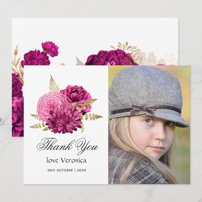 Carte De Remerciements Photos Hot Rose et Gold Floral Quinceañera (Devant / Derrière)