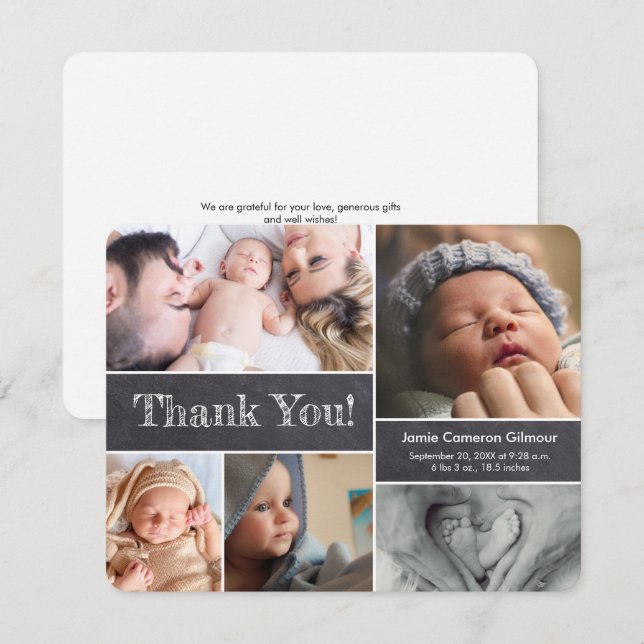 Carte De Remerciements Photos modernes Baby boy Douche Chalkboard (Devant / Derrière)