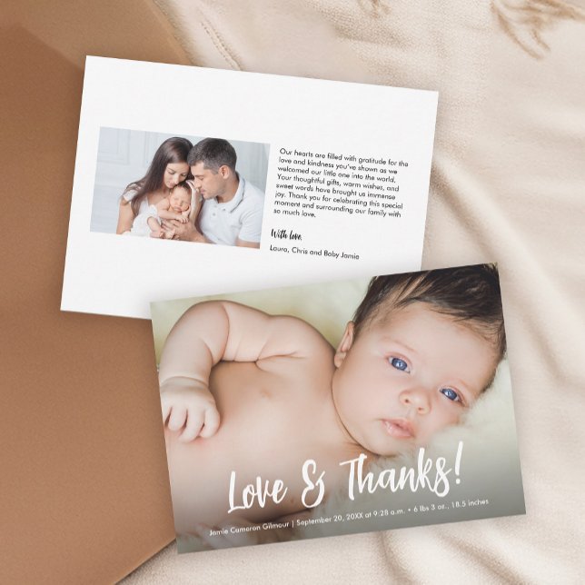 Carte De Remerciements Photos personnalisées modernes Baby shower d'amour (Standard baby shower thank you card size photo card.)