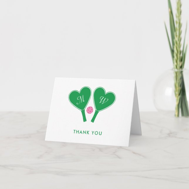 Carte De Remerciements Pickleball Mariage rose et vert Preppy (Devant)