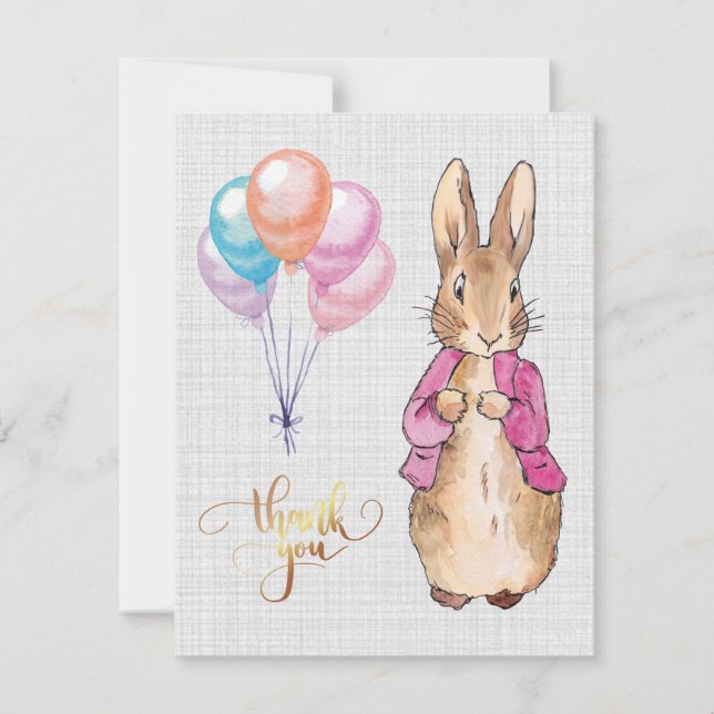 Carte De Remerciements Pierre le Lapin Veste Rose Toile Grise   (Devant)