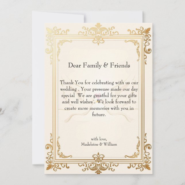 Carte De Remerciements Pigeon Elegant Luxury Gold Mariage (Devant)
