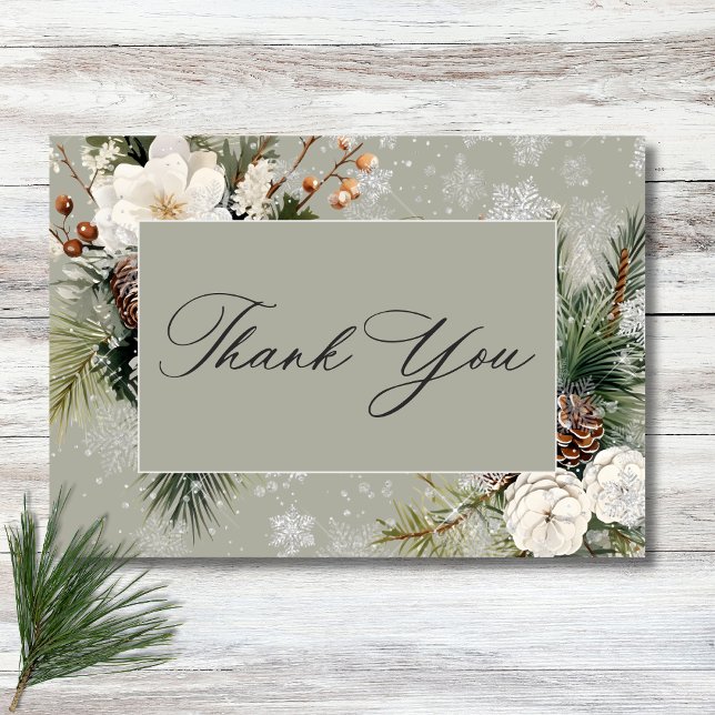 Carte De Remerciements Pin Russe à neige et Mariage Floral Blanc (Rustic Snowfall Pine & White Floral Sage Wedding Thank You Card)