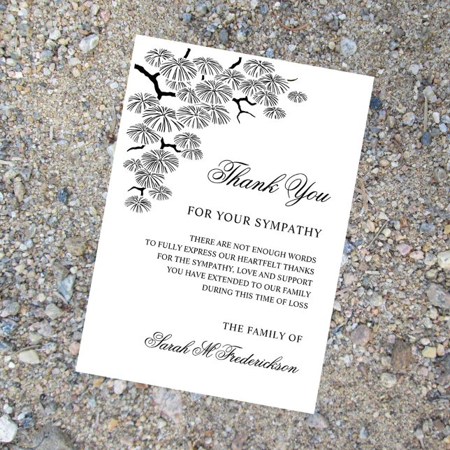 Carte De Remerciements Pine Branche Noir Blanc Sympathie Bereavement (Créateur téléchargé)