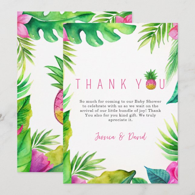 Carte De Remerciements Pineapple Jungle Pacificateurs Baby shower fille r (Devant / Derrière)