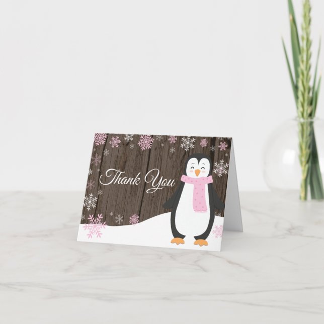 Carte De Remerciements Pingouin d'hiver rustique rose (Devant)