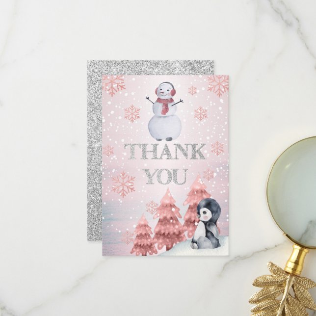 Carte De Remerciements Pingouin | Snowman Winter ONE derland Anniversaire (Devant/Arrière en situation)