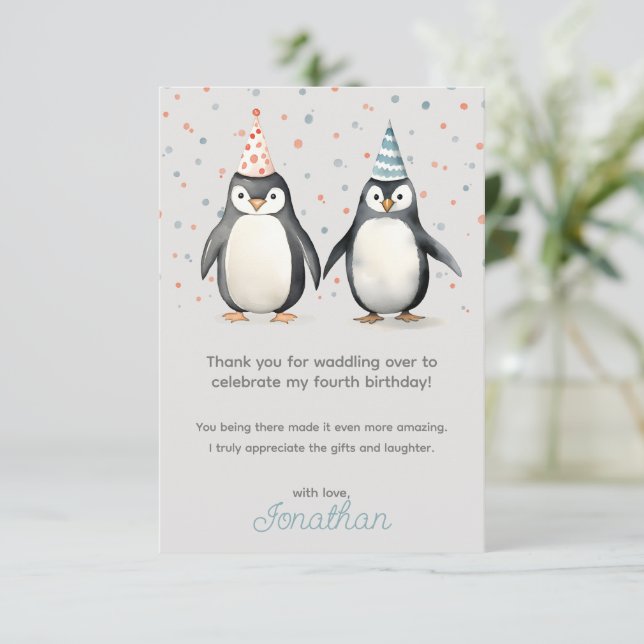 Carte De Remerciements Pingouins de la fête, barbotez sur l'anniversaire  (Debout devant)