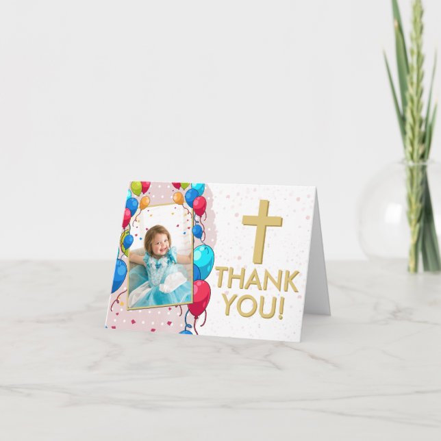 Carte De Remerciements Pink 1st Birthday Baptism Gold Texte Photo pour fi (Devant)