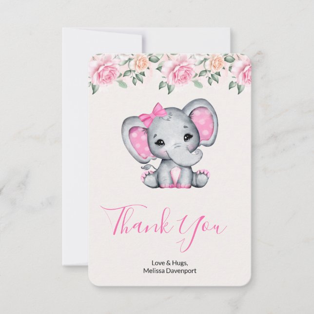 Carte De Remerciements Pink Baby Elephant and Roses Border (Devant)