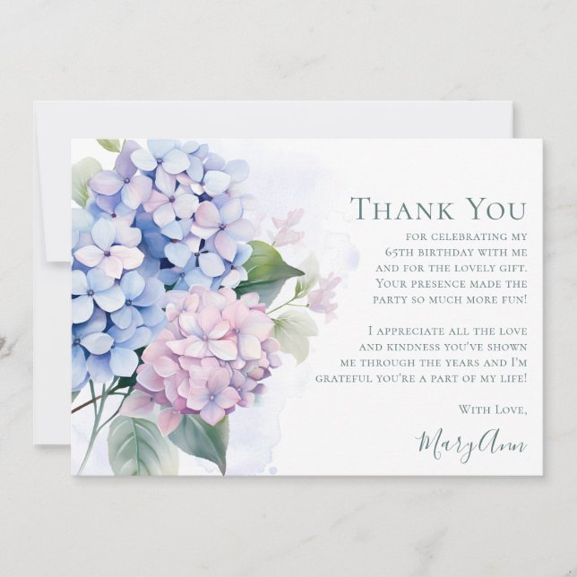Carte De Remerciements Pink Blue Hydrangeas 65th Birthday  (Devant)