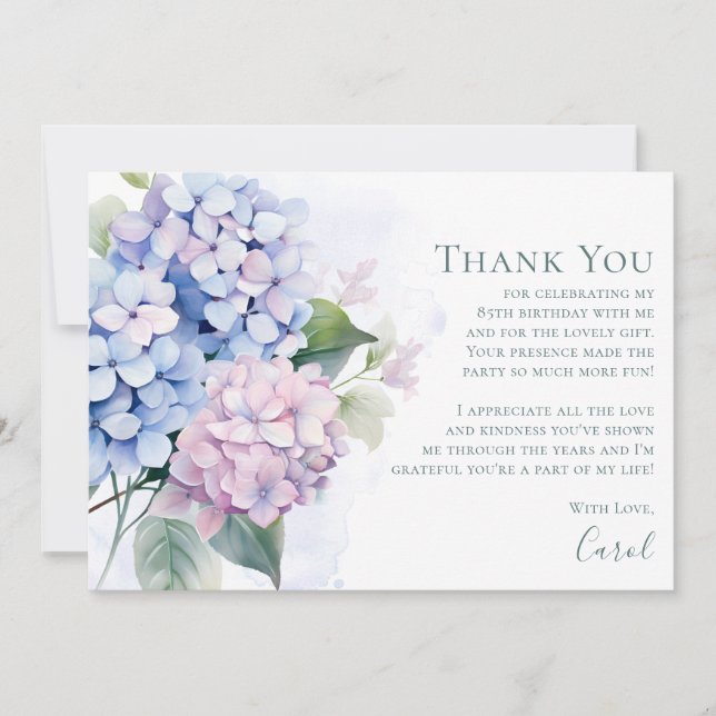 Carte De Remerciements Pink Blue Hydrangeas 85th Birthday  (Devant)